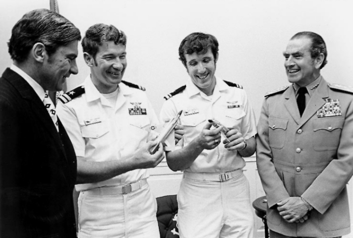 Cunningham and Driscoll meet with Secretary of the Navy John Warner and CNO Admiral Elmo Zumwalt