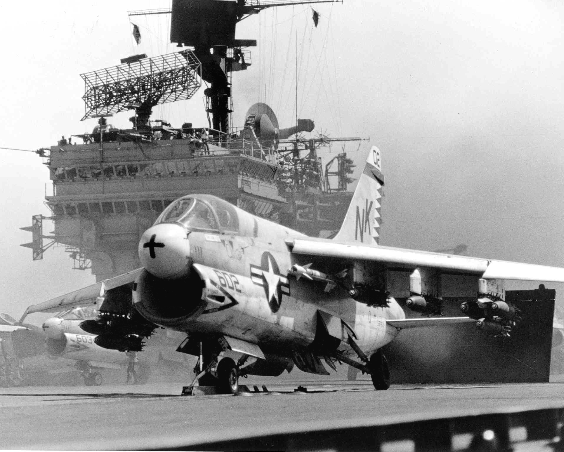 A-7A_Corsair_II_of_VA-27_about_to_launch_from_USS_Constellation_(CVA-64)_in_the_Gulf_of_Tonkin_on_27_August_1968_(NNAM.1996.253.7075.035)